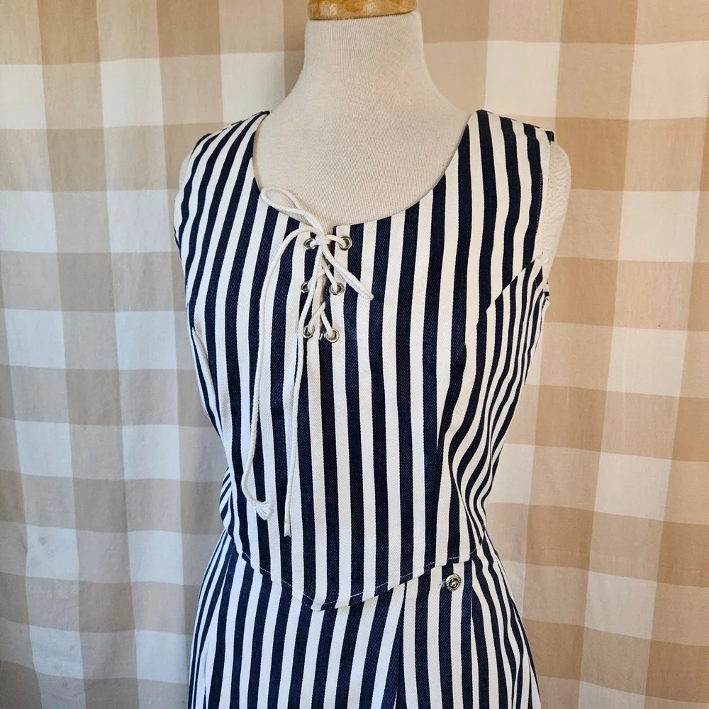 Vtg 90s‎ BANJO Dallas Texas Navy White Stripe Lace Up Top Mini Skirt Set Medium
